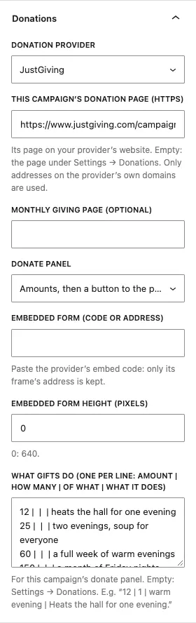 The Donations panel: Donation provider JustGiving, this campaign's own JustGiving page, an empty monthly page, Donate panel set to Amounts then a button to the provider's page, and four gift levels from £12 to £150