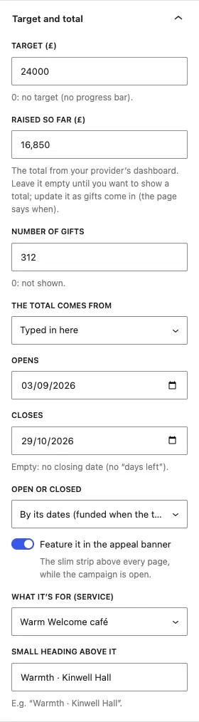 The Target and total panel: Target £24000, Raised so far 16,850, Number of gifts 312, The total comes from Typed in here, opening and closing dates, Open or closed set to By its dates, Feature it in the appeal banner switched on, What it's for set to Warm Welcome café and a small heading