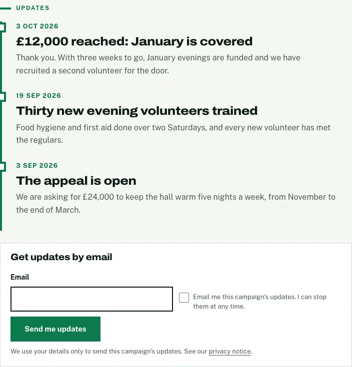 The updates timeline on the campaign page, with three dated updates and the Get updates by email box with an email field, a tick box and a Send me updates button
