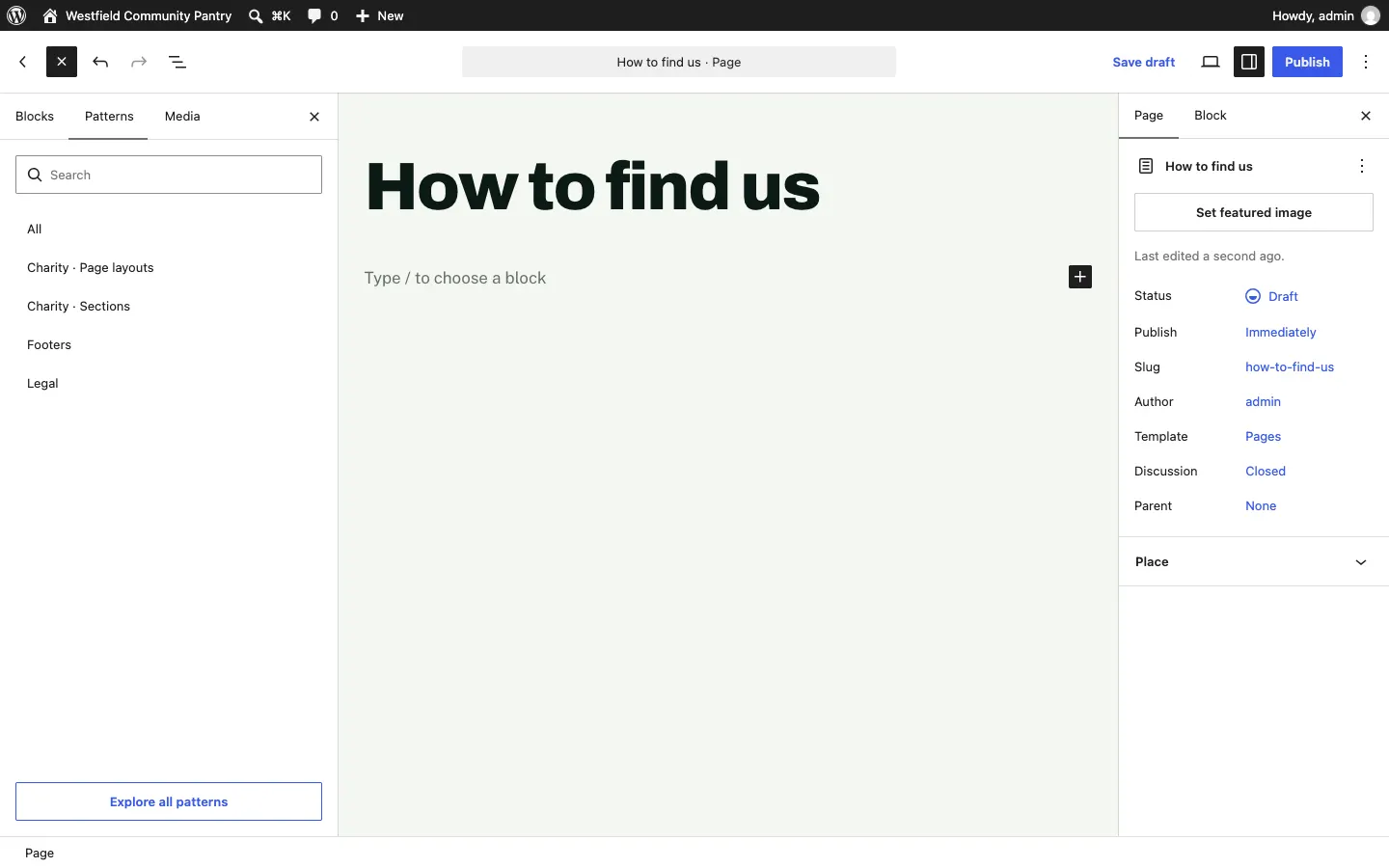The Patterns tab listing All, Starter content, the Charity kit's own categories ending in Page layouts and Sections, Footers and Legal, with an Explore all patterns button