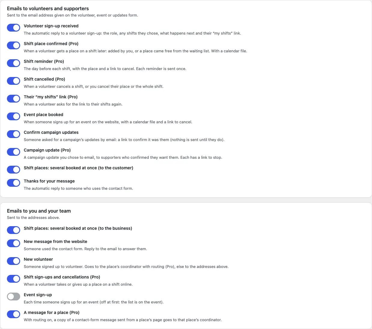 The Emails to volunteers and supporters and Emails to you and your team cards, with a switch for each email and a line saying who gets it and when, all switched on