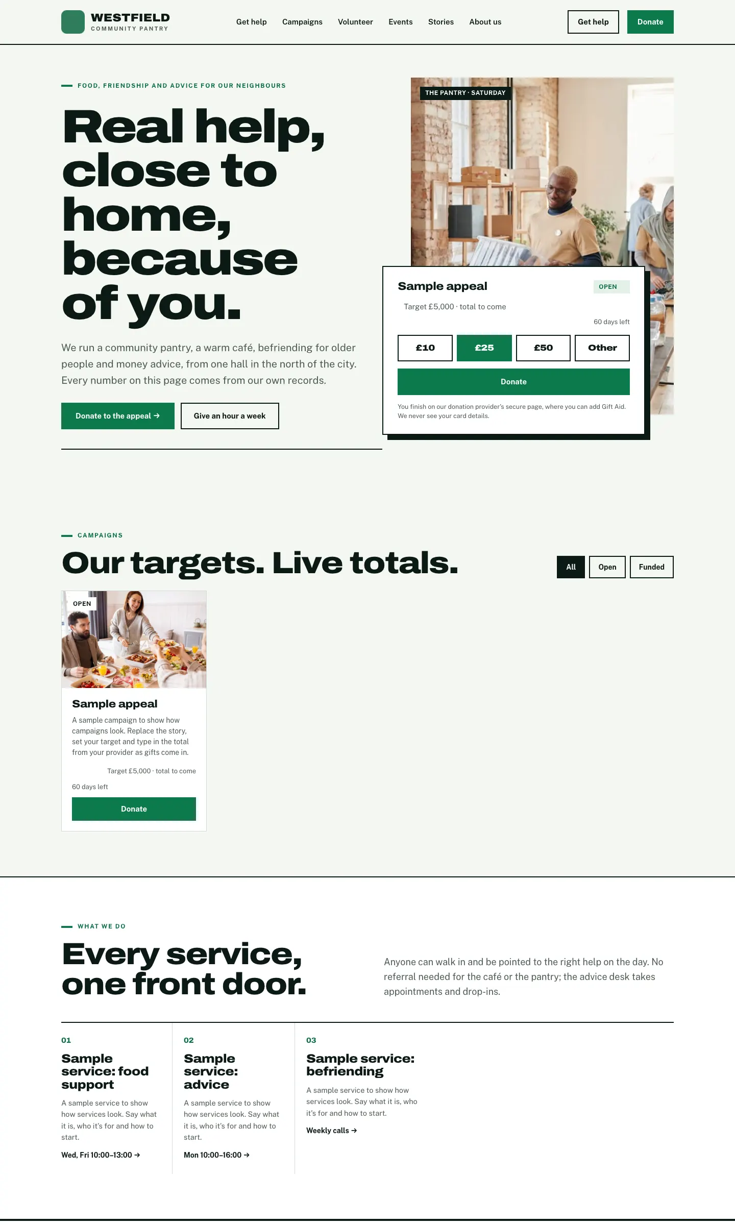 The sample Charity website's home page after the wizard, in its starting design, with the sample logo, the main menu, a large heading and the sample photos