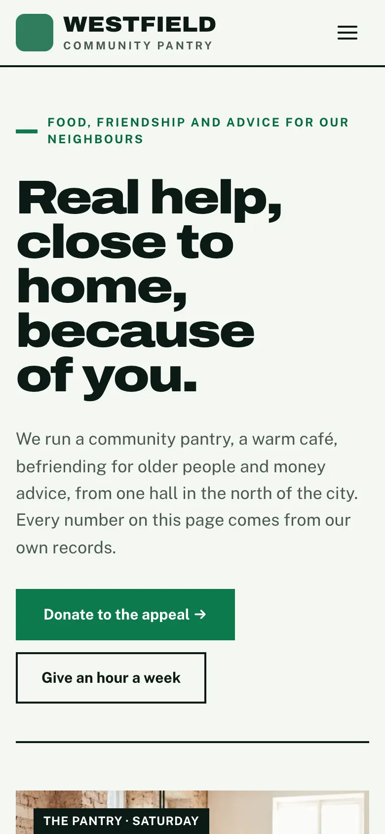 The sample Charity home page on a phone, with the logo at the top left, a menu button at the top right, and the large heading below