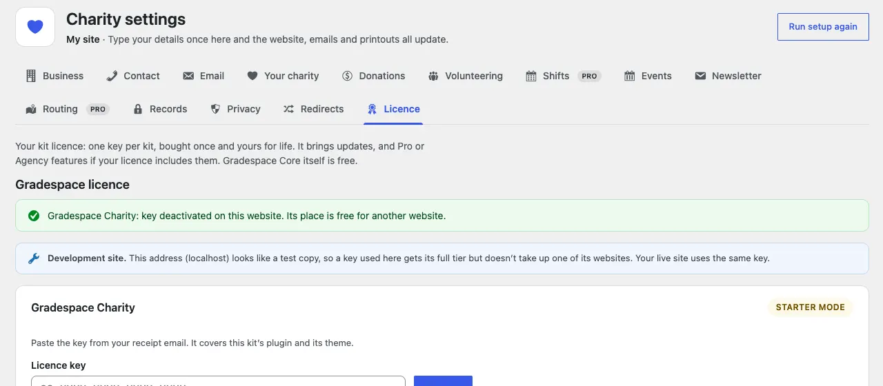 The green message "Gradespace Charity: key deactivated on this website. Its place is free for another website." above the licence card, now back in Starter mode