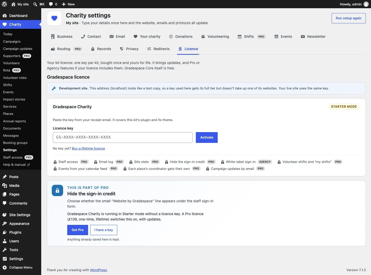The Licence tab with the Gradespace Charity card in Starter mode: an empty Licence key box showing GS-XXXX-XXXX-XXXX-XXXX, an Activate button, the link "No key yet? Buy a lifetime licence", and a row of locked features marked Pro or Agency