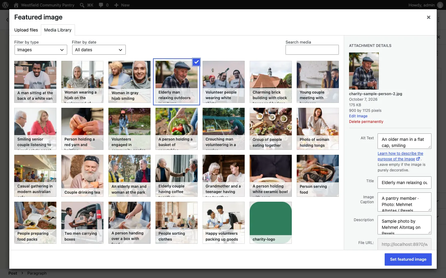 The Featured image box with the Media Library tab open, one of the sample photos selected, and the Attachment details panel on the right with its Alt Text, Title, Caption and Description boxes, and a Set featured image button