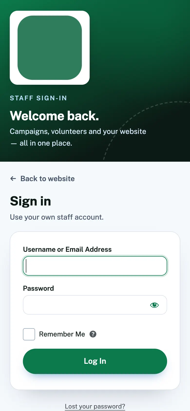 The staff sign-in page on a phone, with the logo and a short banner at the top and the sign-in form below