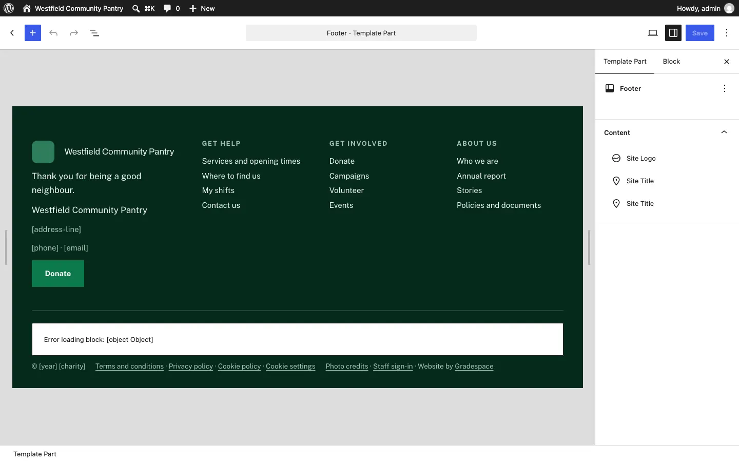 The Footer template part open in the editor, showing the logo, tagline, columns of links, the Visit us and Contact columns and the bottom line, with a Save button at the top right
