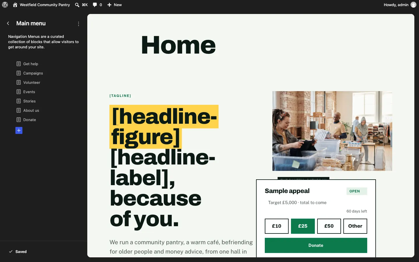 The Main menu panel in the Site Editor listing Get help, Campaigns, Volunteer, Events, Stories, About us and Donate, with a blue + button below to add a link, and the home page shown on the right
