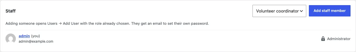 The Staff card at the bottom of Staff access, with the role list (Volunteer coordinator, Fundraiser and Editor) showing Volunteer coordinator, an Add staff member button, the line "Adding someone opens Users → Add User with the role already chosen. They get an email to set their own password." and the administrator below