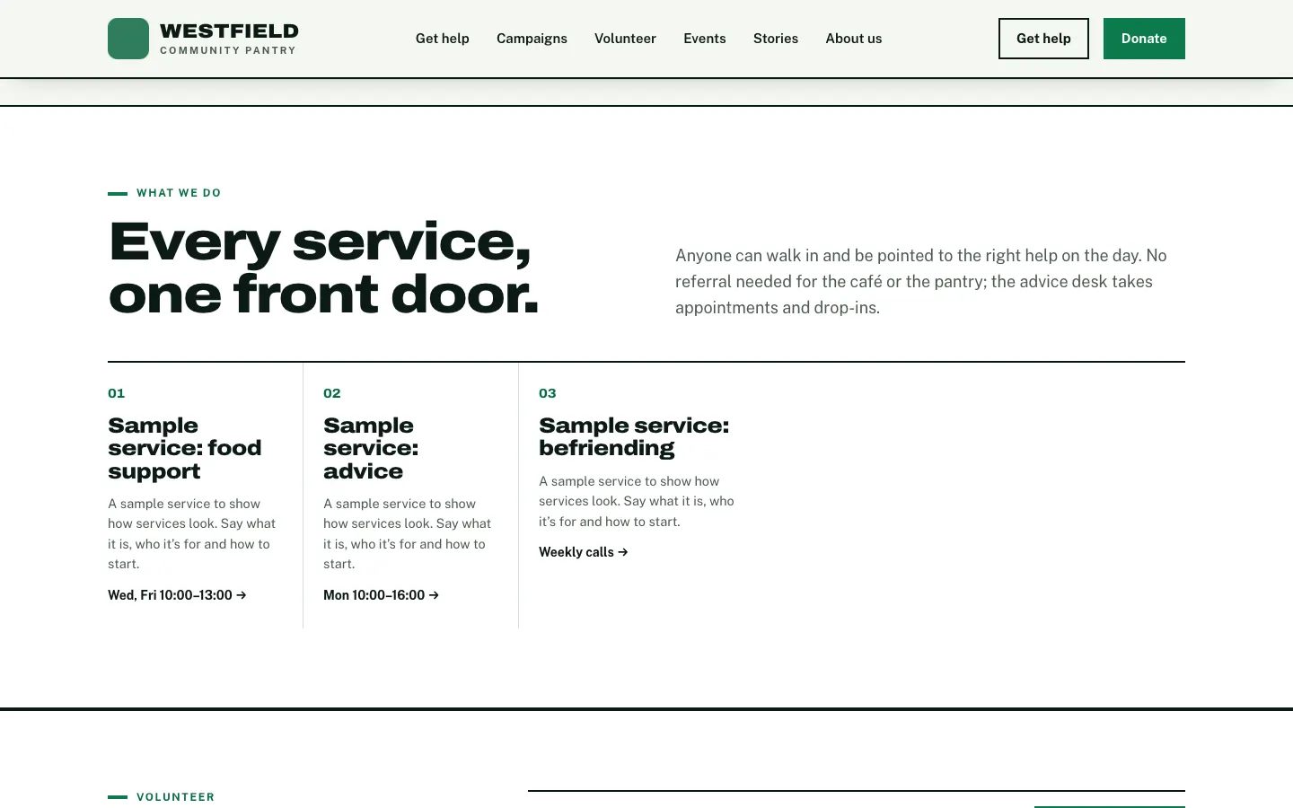 The home page scrolled half way down with the menu kept at the top: the header with the logo, the menu and the main button stays in view above the page content