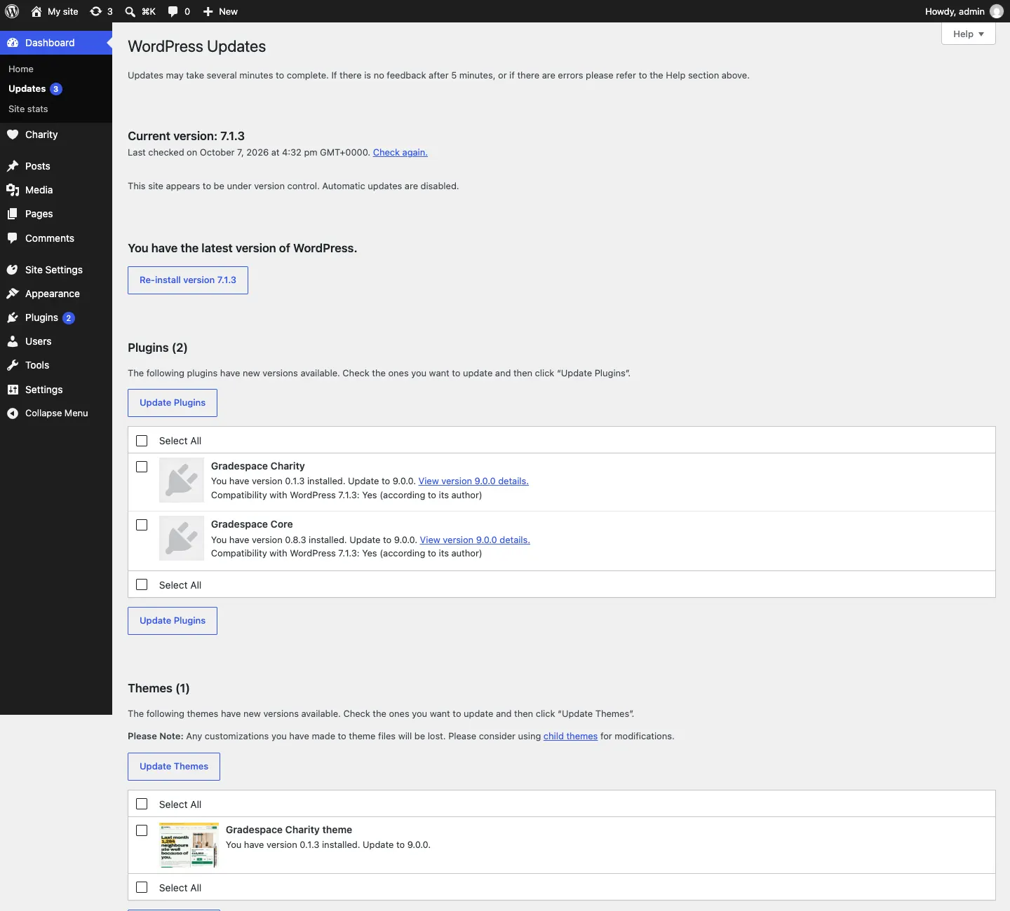 The WordPress Updates screen listing Gradespace Charity and Gradespace Core under Plugins (2), each with "You have version … installed. Update to …" and a View details link, and the Gradespace Charity theme under Themes (1), with Update Plugins and Update Themes buttons