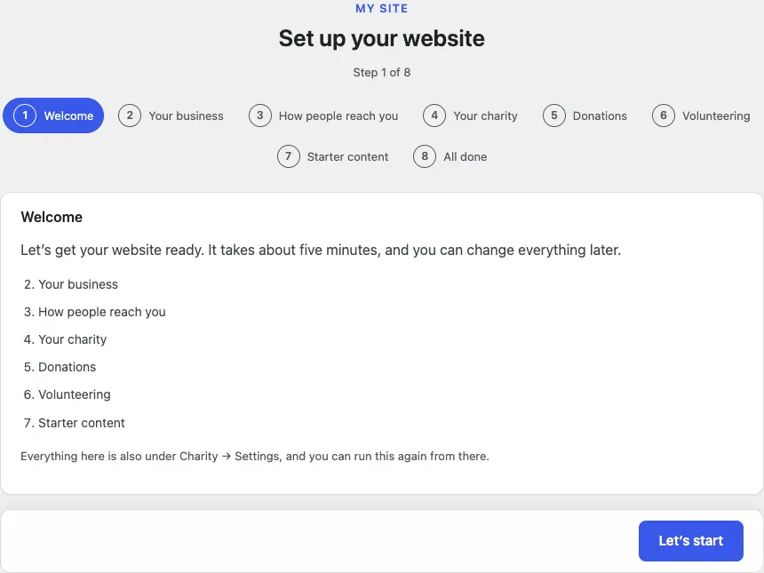 Step 1 of 8, Welcome: "Let's get your website ready. It takes about five minutes" with the numbered list of the steps ahead and a Let's start button