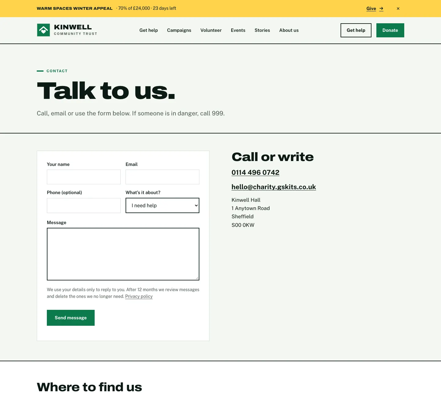 The Contact page: "Talk to us.", a form with Your name, Email, Phone (optional), What's it about? set to I need help, a Message box and a Send message button, and Call or write with the phone, email and address