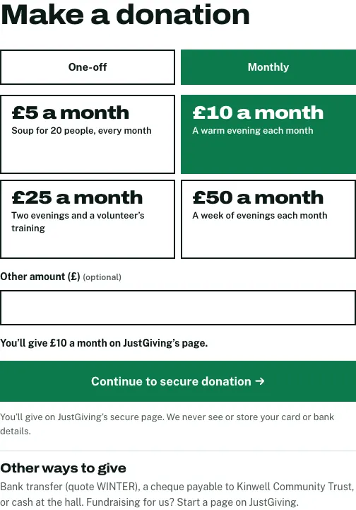 The donate panel with Monthly chosen, showing £5, £10, £25 and £50 a month, each with what it pays for