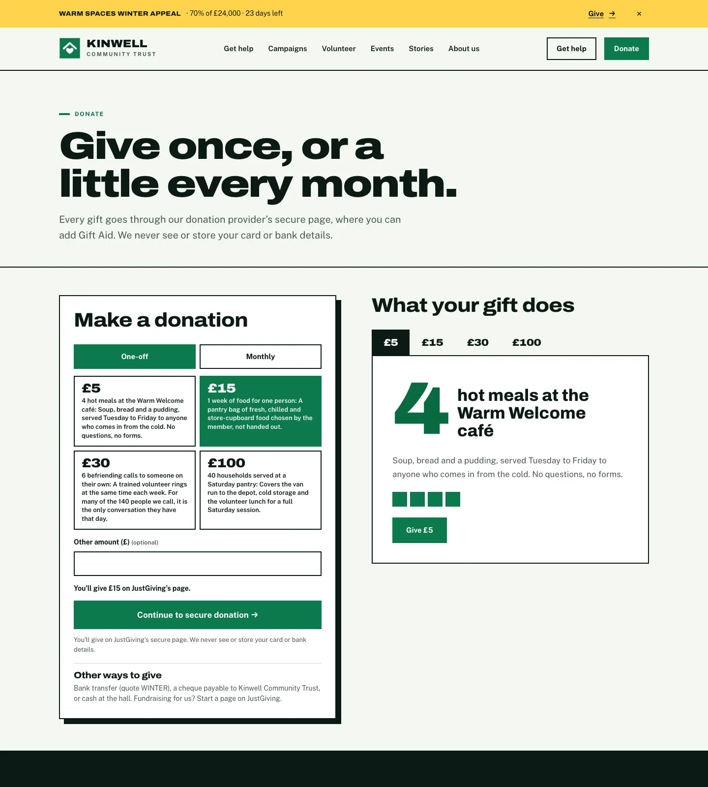 The Donate page: "Give once, or a little every month", the donate panel with £5, £15, £30 and £100 and what each pays for, and a What your gift does card showing 4 hot meals at the Warm Welcome café