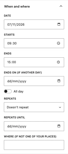 The When and where panel for The Big Sort: date 7 November 2026, 09:30 to 15:00, All day off, Repeats Doesn't repeat