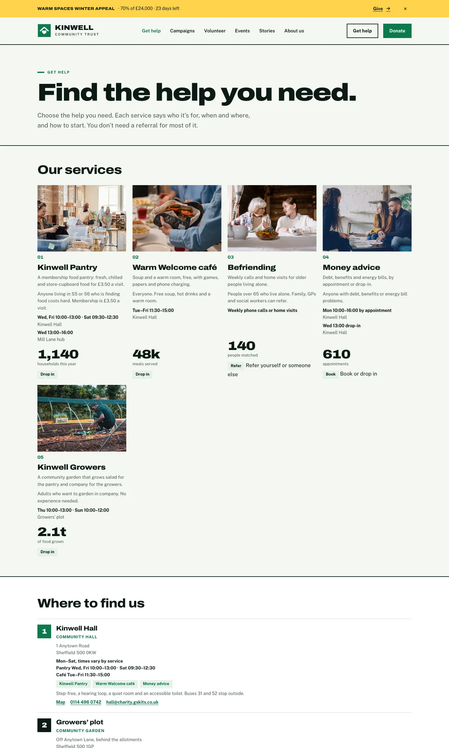 The Get help page: service cards for Kinwell Pantry, Warm Welcome café, Befriending, Money advice and Kinwell Growers, then Where to find us with each place's address, opening times and map link