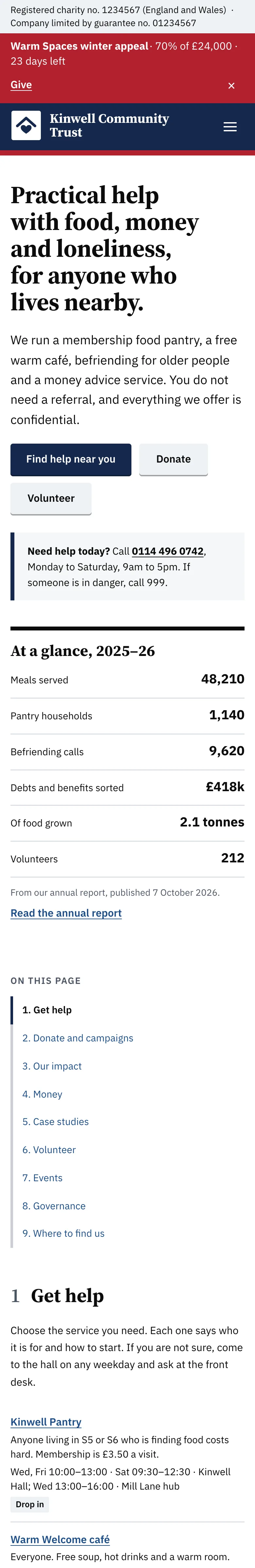 The Civic home page on a phone: the charity number, the red appeal strip, the navy header, the serif headline with Find help near you, Donate and Volunteer buttons, the "Need help today?" box and the "At a glance" table