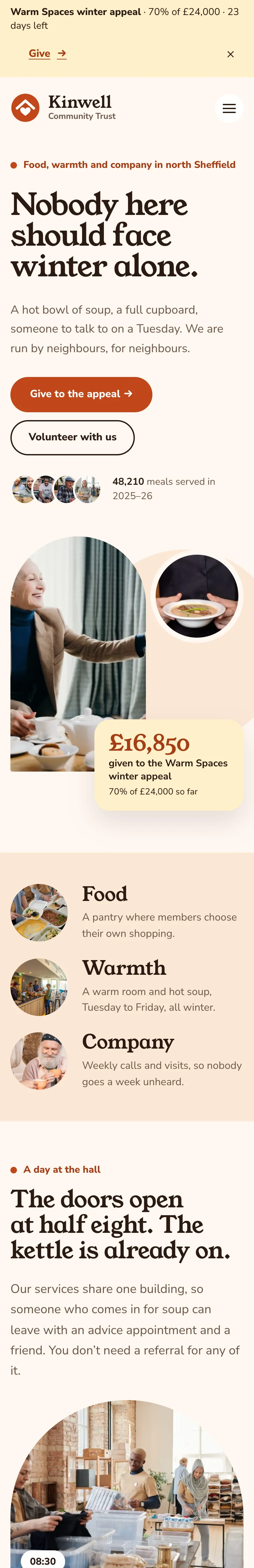 The Hope home page on a phone: the cream appeal strip, the logo and round menu button, the serif headline with pill buttons, the arched and round photos with the amount raised, and the Food, Warmth and Company band