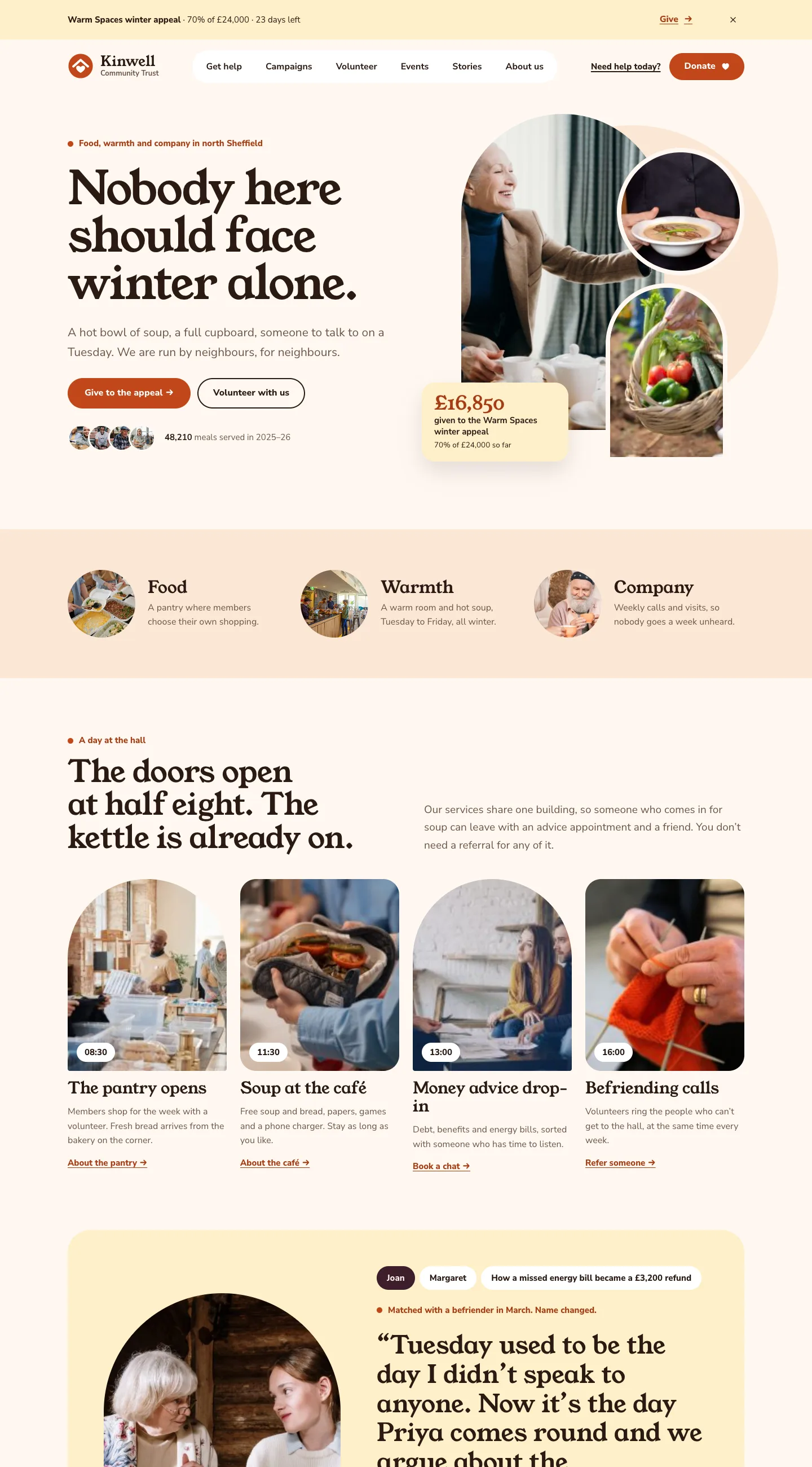 The demo home page in the Hope design on a computer: a soft cream appeal strip, the warm serif headline "Nobody here should face winter alone." with pill buttons, an arched photo with two round photos and the amount raised on a soft yellow card, a pink band of Food, Warmth and Company with round photos, and "A day at the hall" hour by hour with rounded photos