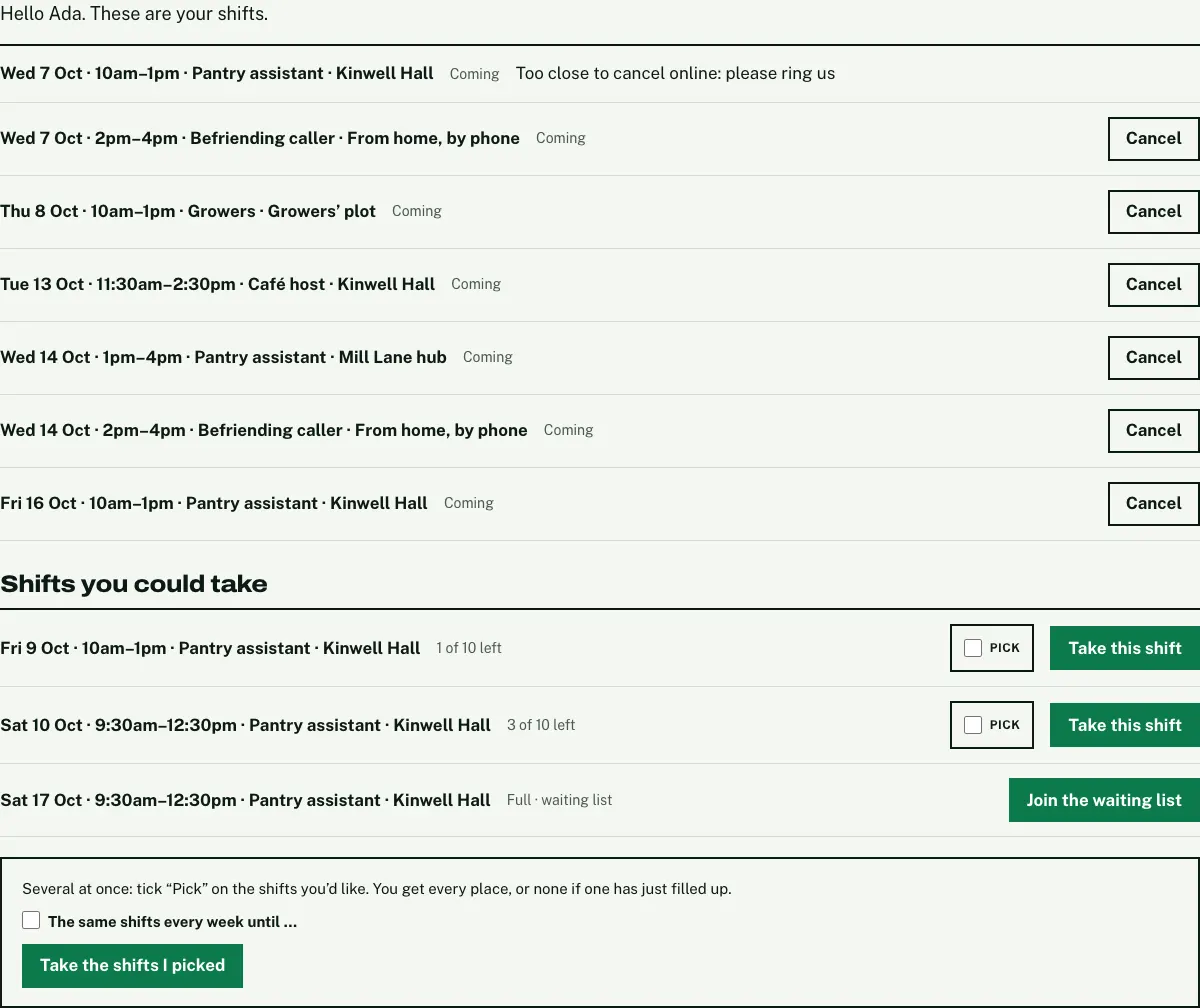 Ada's My shifts page: "Hello Ada. These are your shifts.", seven shifts marked Coming with Cancel buttons (the first too close to cancel online), and Shifts you could take with Pick boxes, Take this shift and Join the waiting list buttons