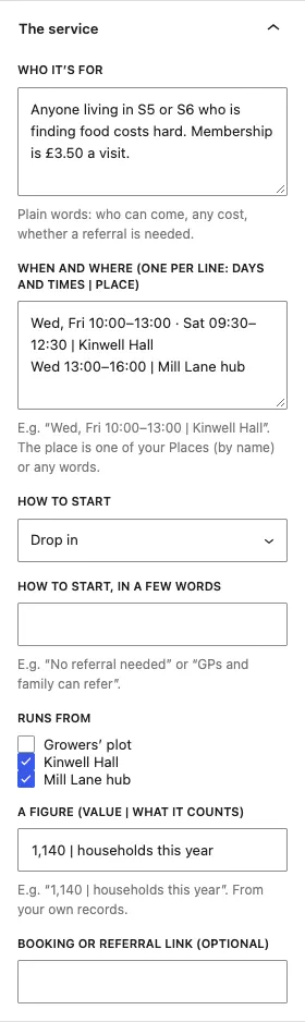The service panel for Kinwell Pantry: who it's for, when and where at Kinwell Hall and Mill Lane hub, How to start set to Drop in, Runs from Kinwell Hall and Mill Lane hub, and the figure 1,140 households this year