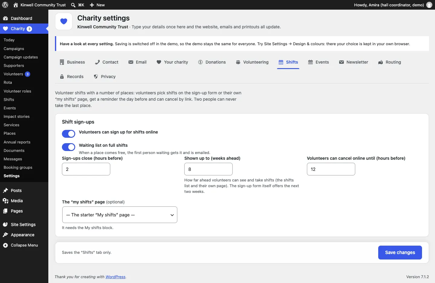 The Shifts settings tab with the four switches and numbers above and the my shifts page choice