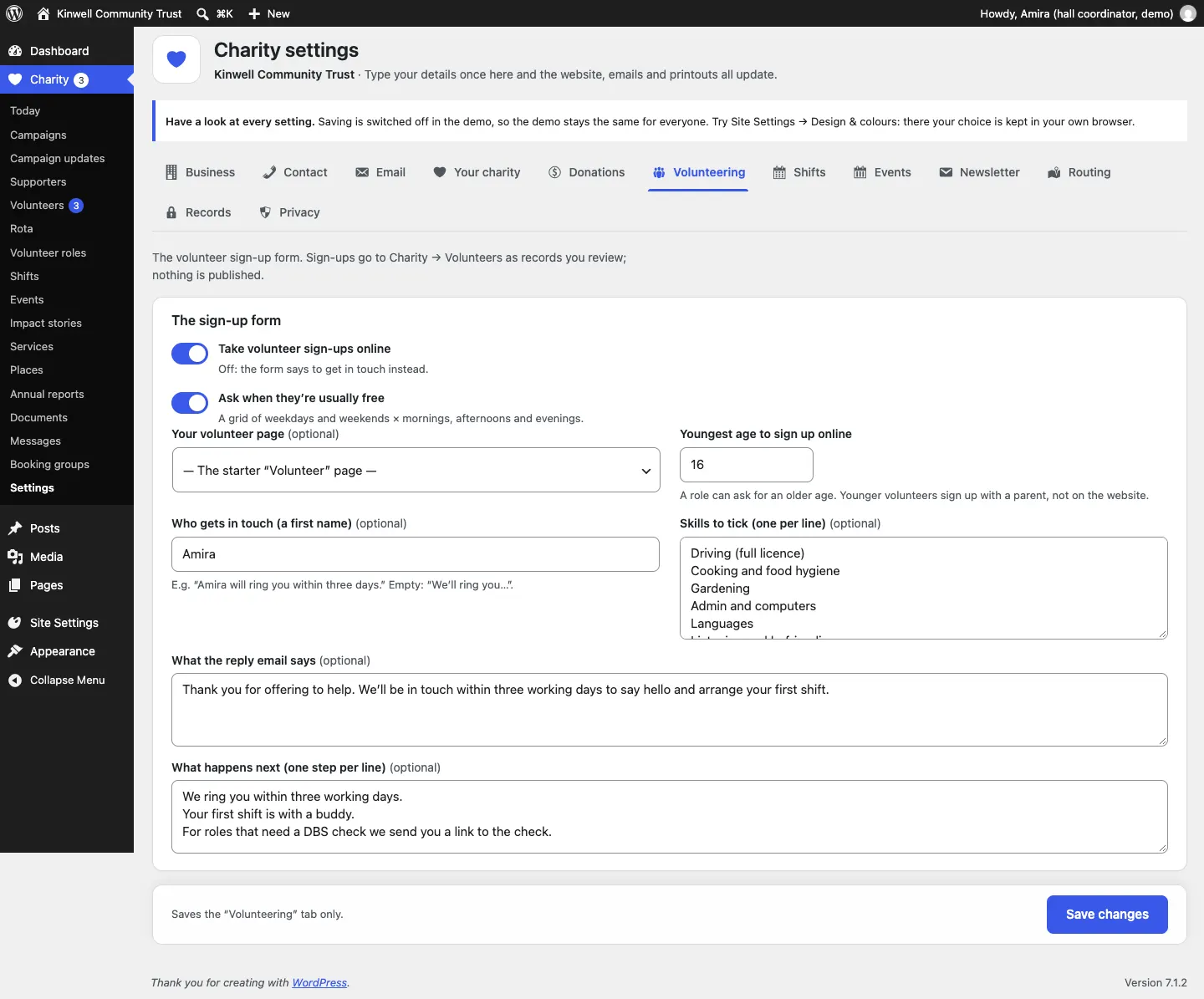The Volunteering settings tab, with Take volunteer sign-ups online, Ask when they're usually free, the volunteer page, youngest age 16, who gets in touch, skills to tick, the reply email and what happens next