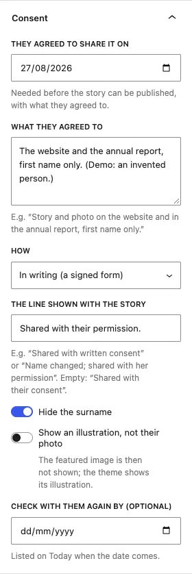 The Consent panel: agreed on 27 August 2026, what she agreed to, How In writing (a signed form), the line shown, Hide the surname on, Show an illustration off, and an empty Check with them again by date