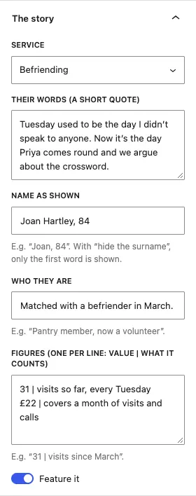 The story panel for Joan's story: service Befriending, her quote, name shown as Joan Hartley, 84, who she is, two figures and Feature it on