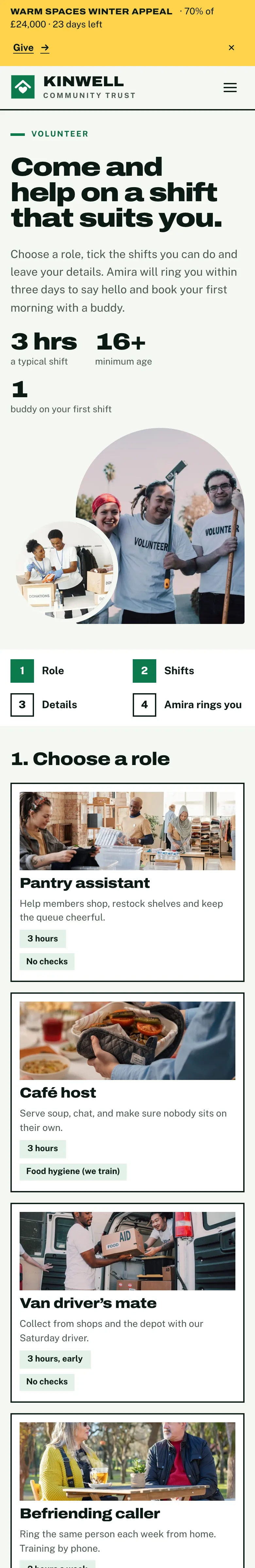 The volunteer form on a phone, with role cards stacked one under another
