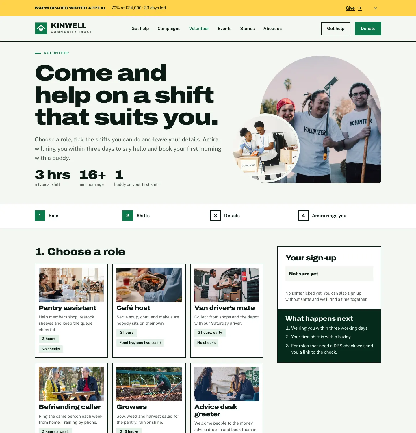 The Volunteer page: "Come and help on a shift that suits you", with figures for a typical shift, the minimum age and a buddy on the first shift, and the four steps Role, Shifts, Details and Amira rings you