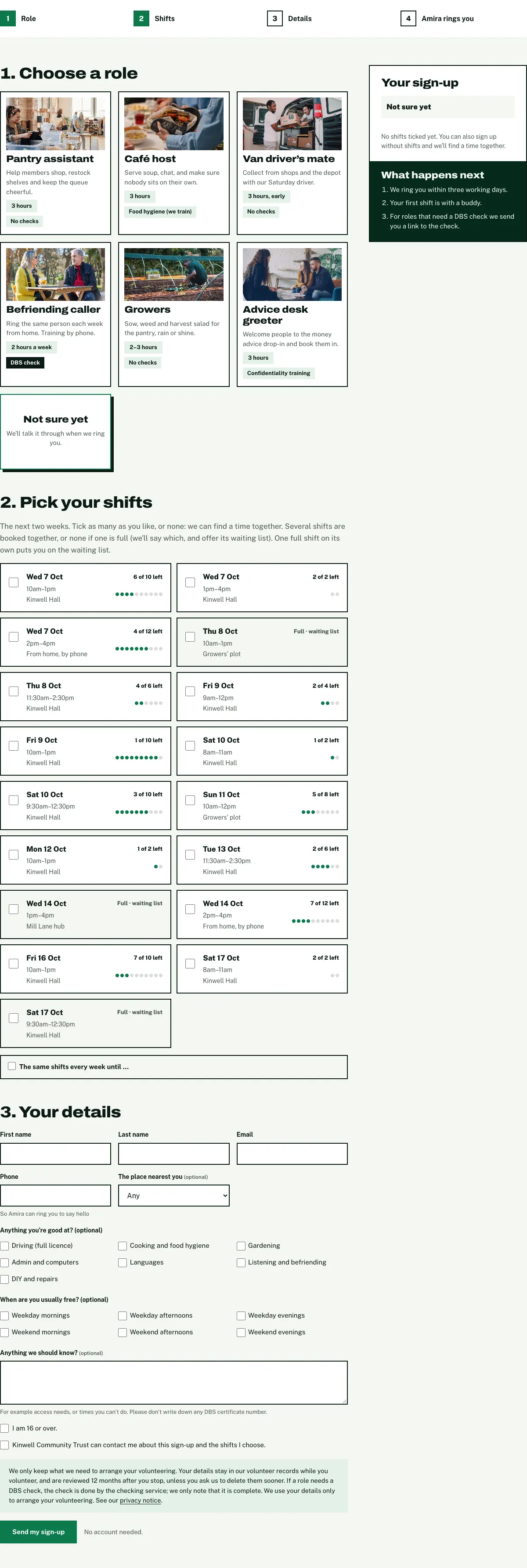 The whole volunteer form: six role cards with photos, the Not sure yet card, a grid of shifts with places left, then the details fields, skills and usually-free tick boxes, the two consent boxes and the Send my sign-up button, with a Your sign-up summary on the right