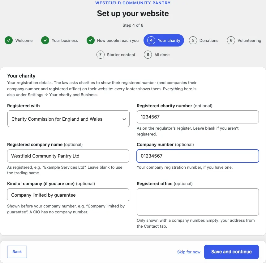Step 4 of 8, Your charity: Registered with set to Charity Commission for England and Wales, charity number 1234567, company name Westfield Community Pantry Ltd, company number 01234567, Kind of company set to Company limited by guarantee, and an empty Registered office box