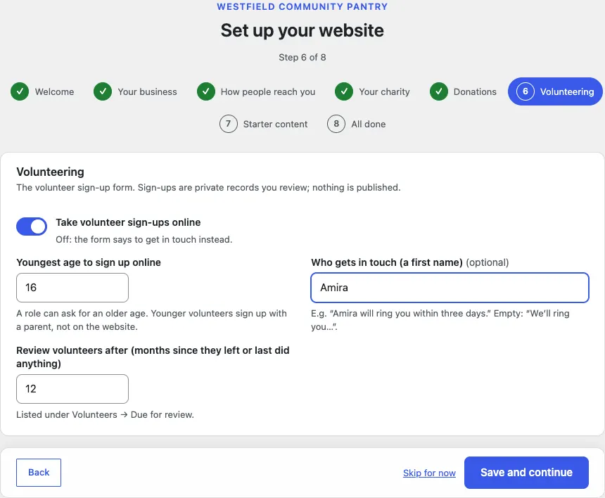 Step 6 of 8, Volunteering: Take volunteer sign-ups online on, youngest age 16, Amira as the person who gets in touch, and review after 12 months