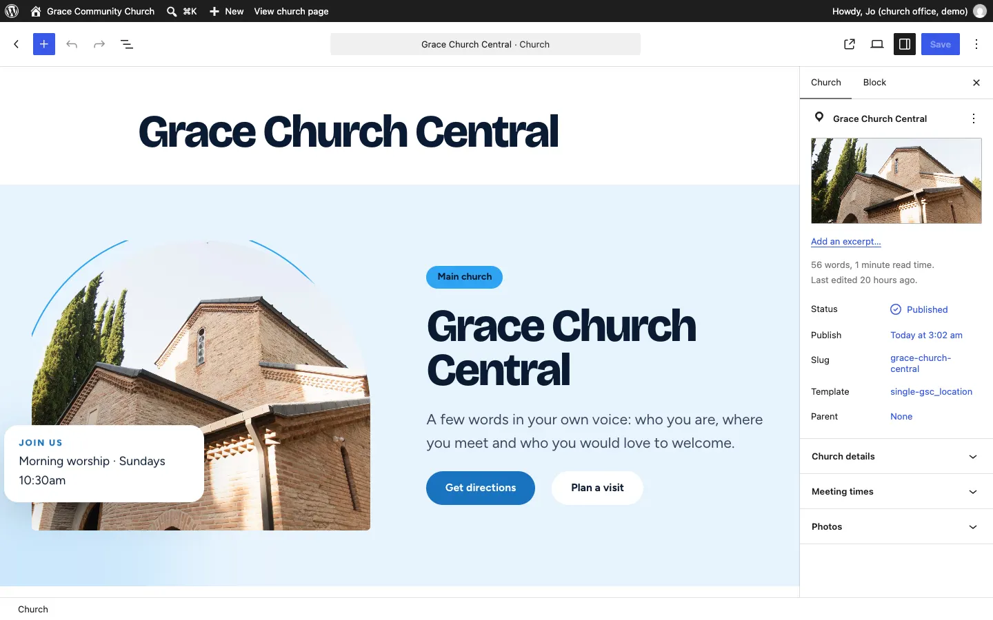 A church open in the editor: the page for Grace Church Central with its hero photo and Get directions and Plan a visit buttons, and the sidebar with the Church details, Meeting times and Photos panels