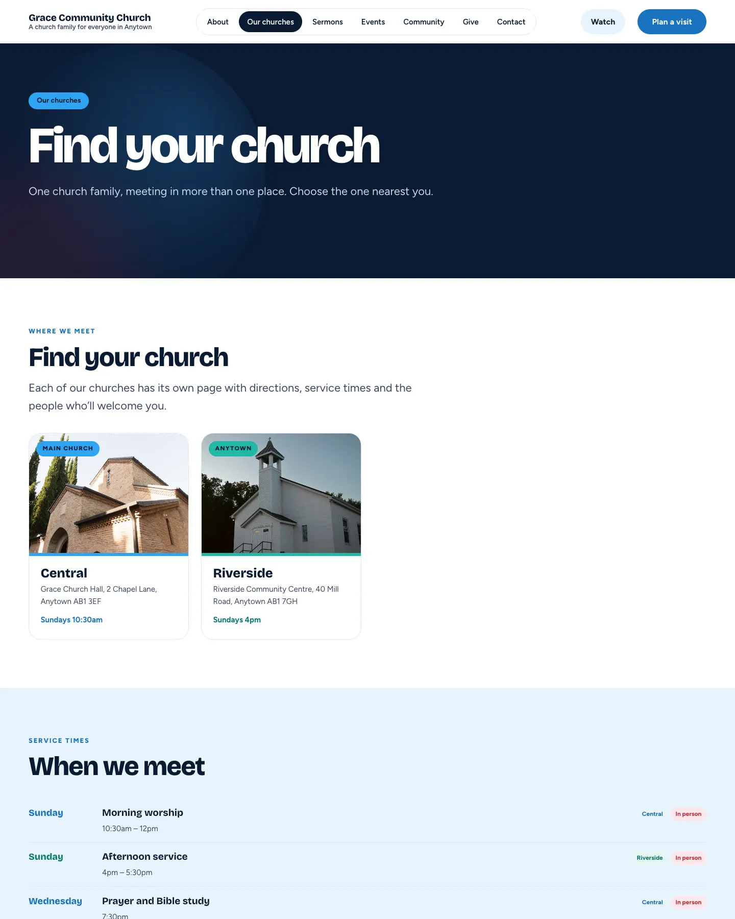 The Our churches page: cards for Central (main church, Sundays 10:30am) and Riverside (Sundays 4pm), and a When we meet list of all four meetings with their church and In person tags