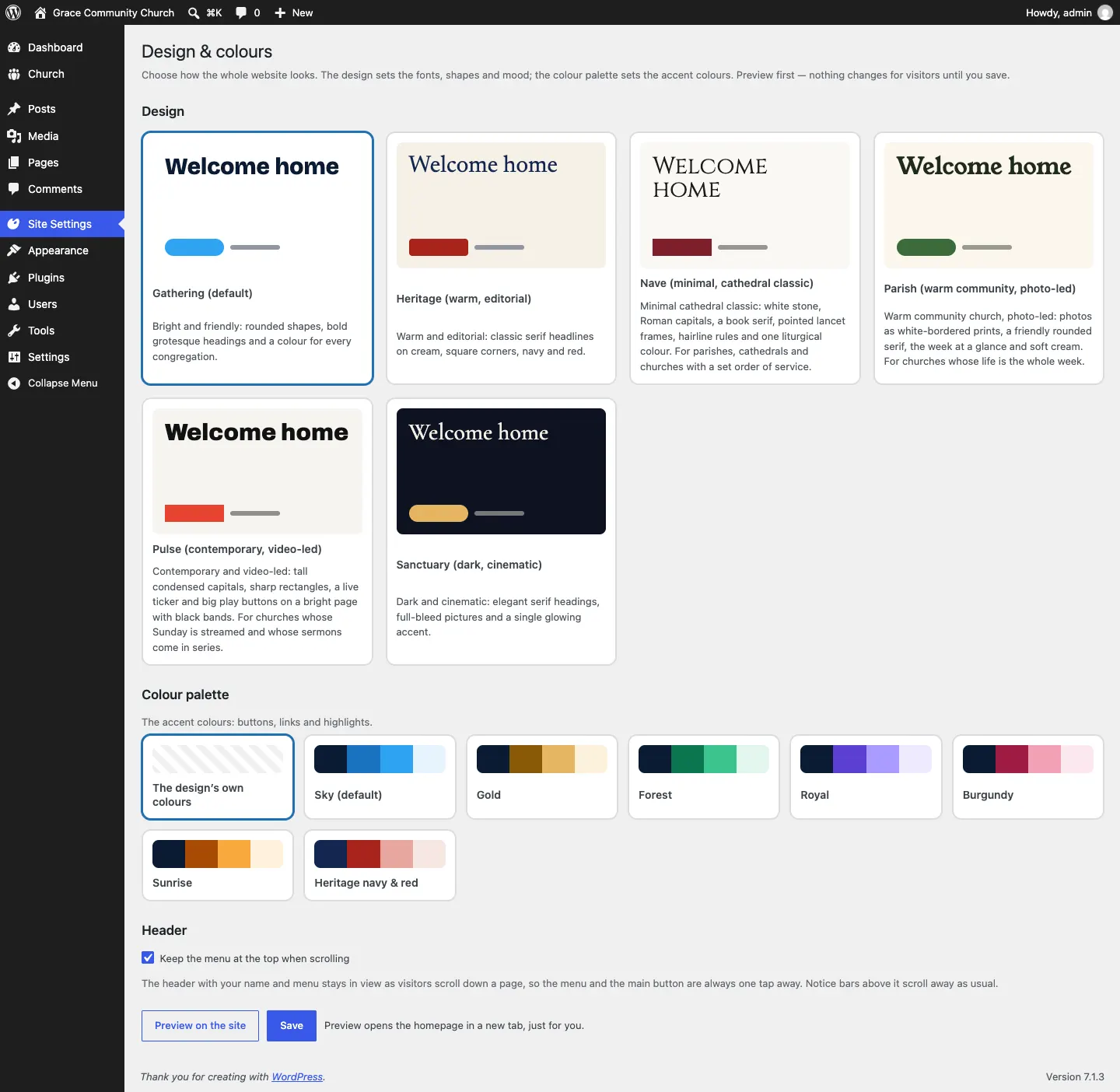 The Design & colours screen with a card for each of the Church designs, the current one selected, a row of colour palettes starting with The design's own colours, the Header section with "Keep the menu at the top when scrolling" ticked, and Preview on the site and Save buttons