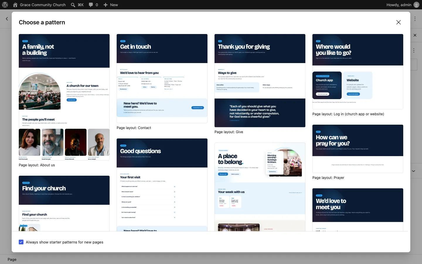 The Choose a pattern box (Clinic, Church and Music) with the kit's ready-made page layouts, such as an About page, a Contact page and the Home page, and a ticked box "Always show starter patterns for new pages"