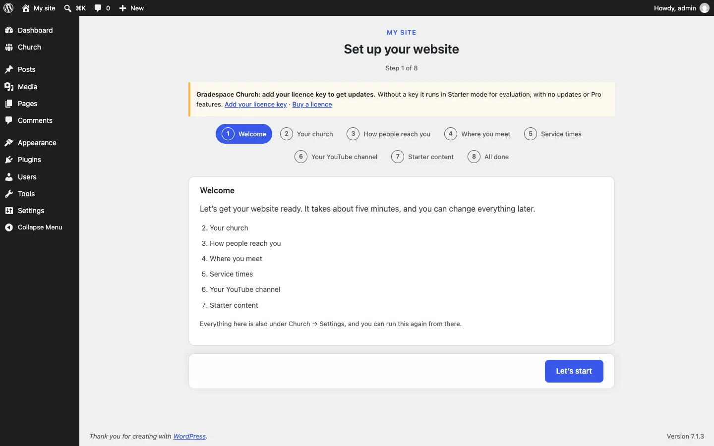 The setup wizard after the Gradespace Church plugin is activated, now with the kit's own steps in the bar, and the yellow notice "Gradespace Church: add your licence key to get updates" with links Add your licence key and Buy a licence