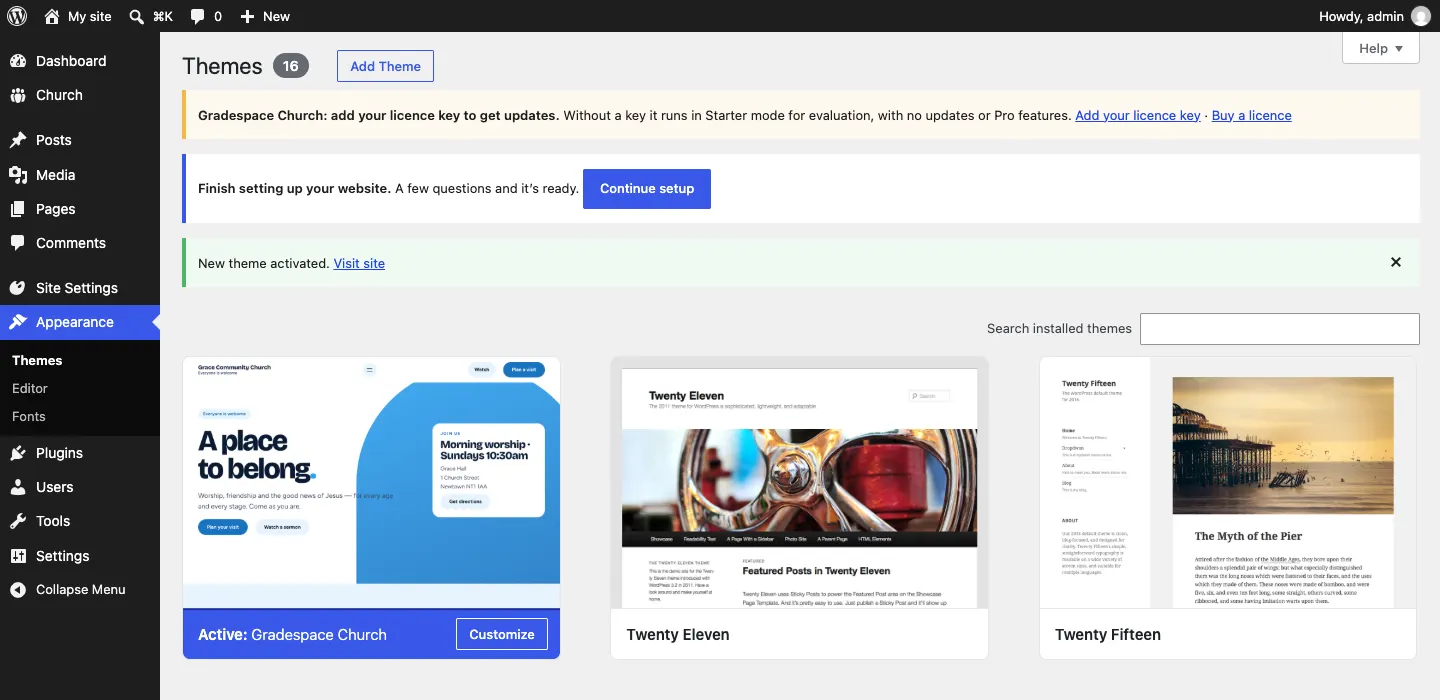 The Themes screen with "Active: Gradespace Church", a notice "New theme activated", the blue "Finish setting up your website" notice with a Continue setup button, and the Site Settings menu on the left