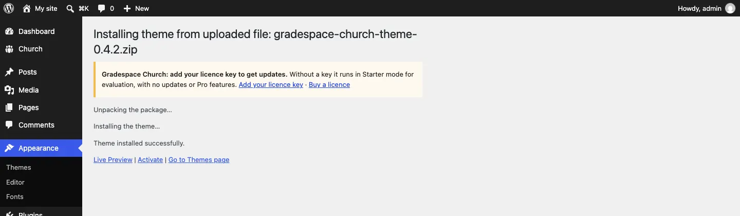 The message "Installing theme from uploaded file: gradespace-church-theme-….zip ... Theme installed successfully." with Live Preview, Activate and Go to Themes page links