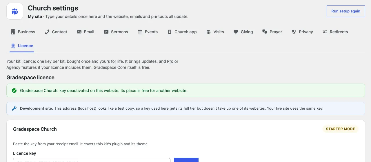 The green message "Gradespace Church: key deactivated on this website. Its place is free for another website." above the licence card, now back in Starter mode