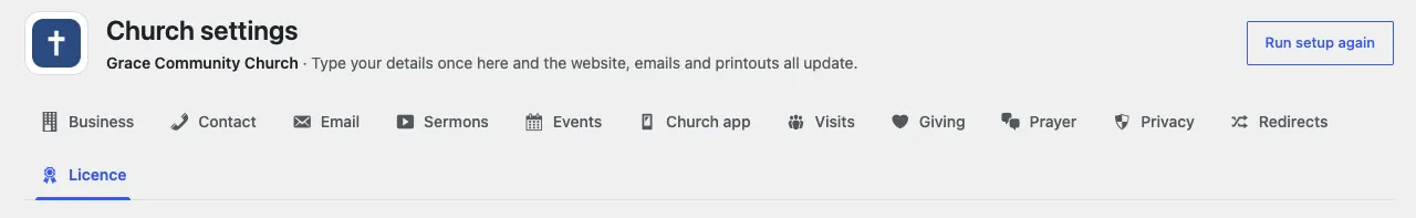 The top of the Church settings screen, with the Run setup again button on the right and the tabs Business, Contact, Email, Sermons, Events, Church app, Visits, Giving, Prayer, Privacy, Redirects and Licence