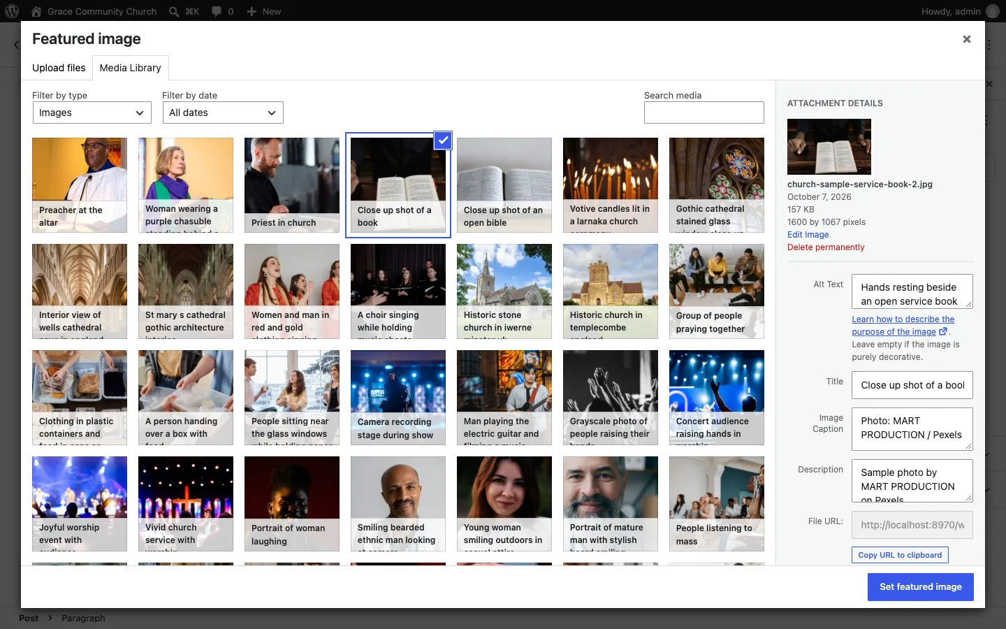 The Featured image box with the Media Library tab open, one of the sample photos selected, and the Attachment details panel on the right with its Alt Text, Title, Caption and Description boxes, and a Set featured image button