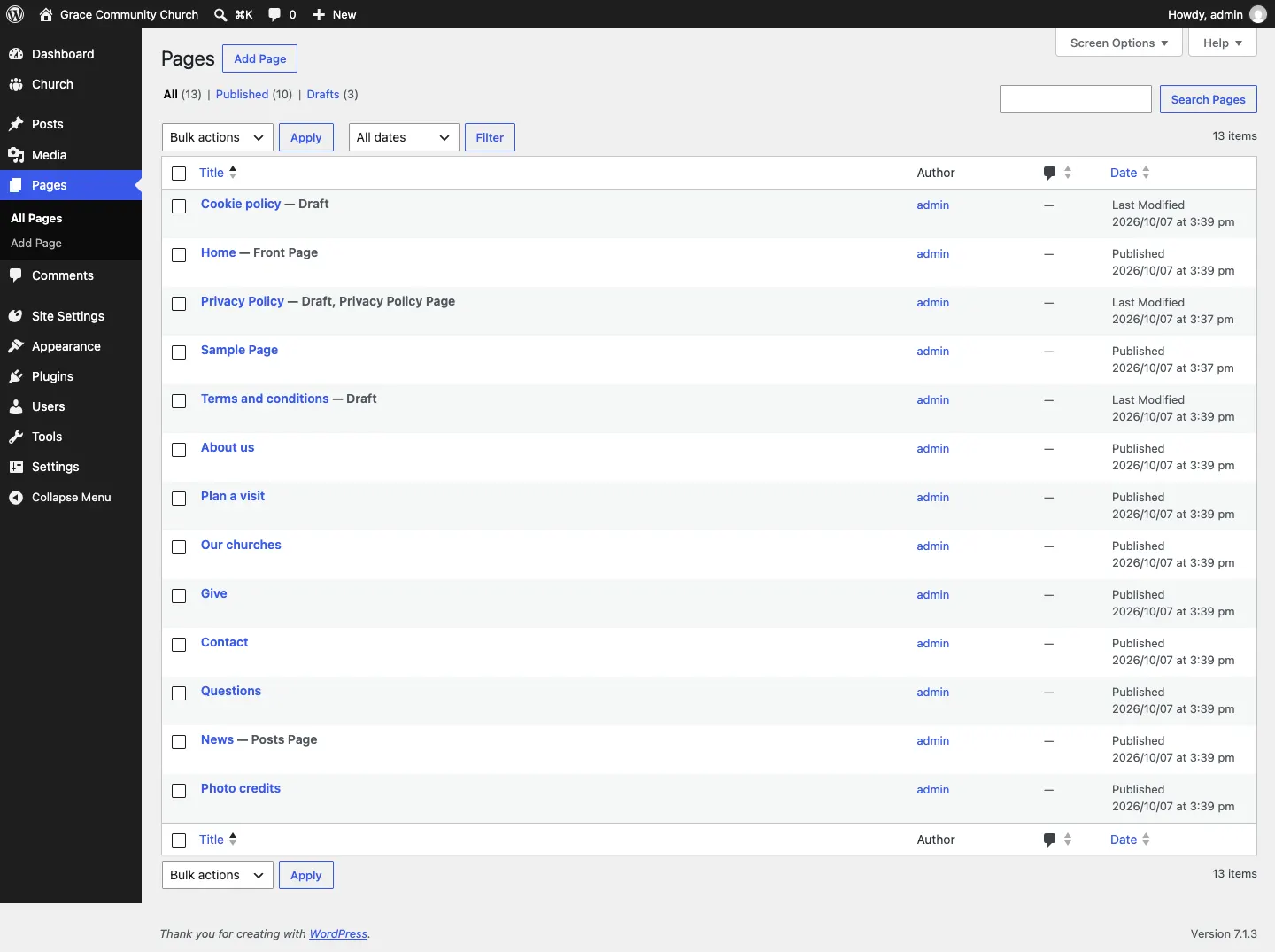 The Pages list after the setup wizard, with Home marked Front Page, the published starter pages, and the legal pages Cookie policy, Privacy Policy and Terms and conditions marked Draft