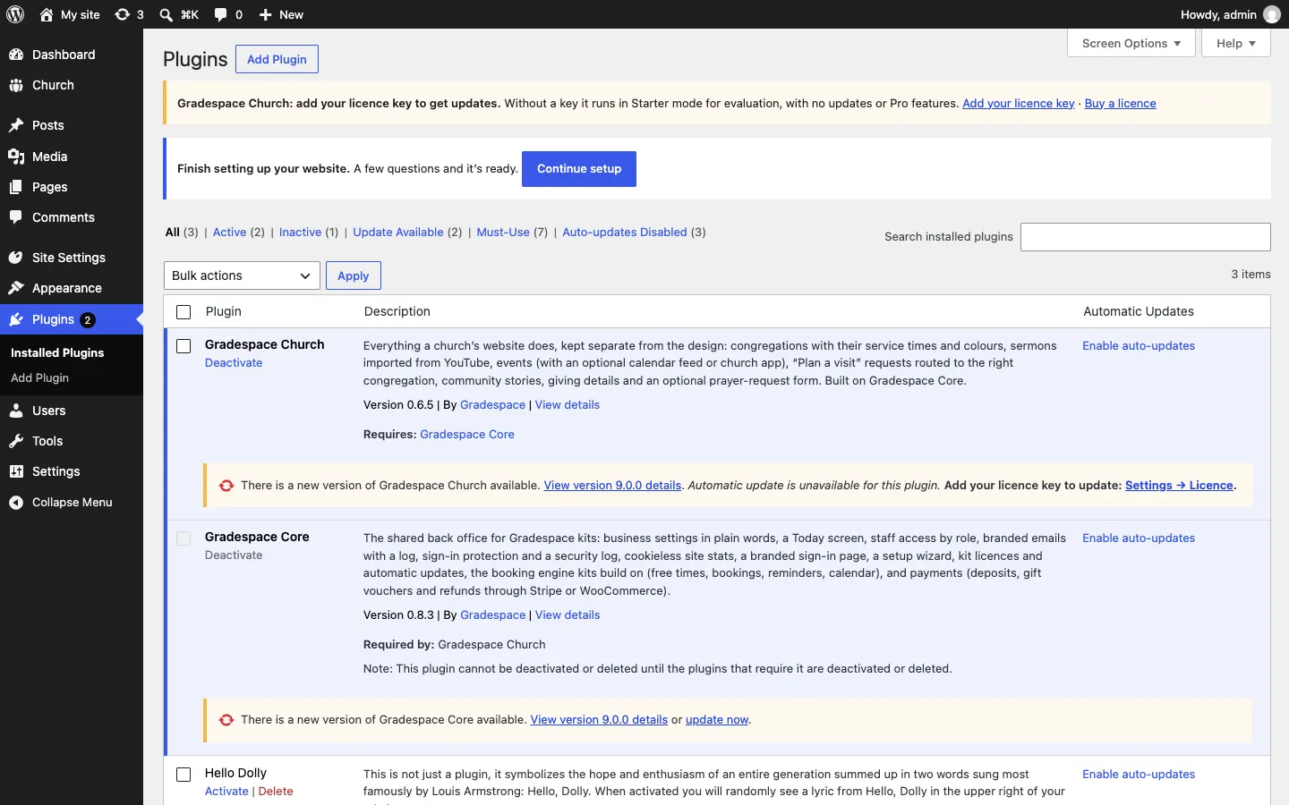 The Plugins screen without a licence key: under Gradespace Church, "There is a new version of Gradespace Church available. View version details. Automatic update is unavailable for this plugin. Add your licence key to update: Settings → Licence.", while Gradespace Core offers "update now"