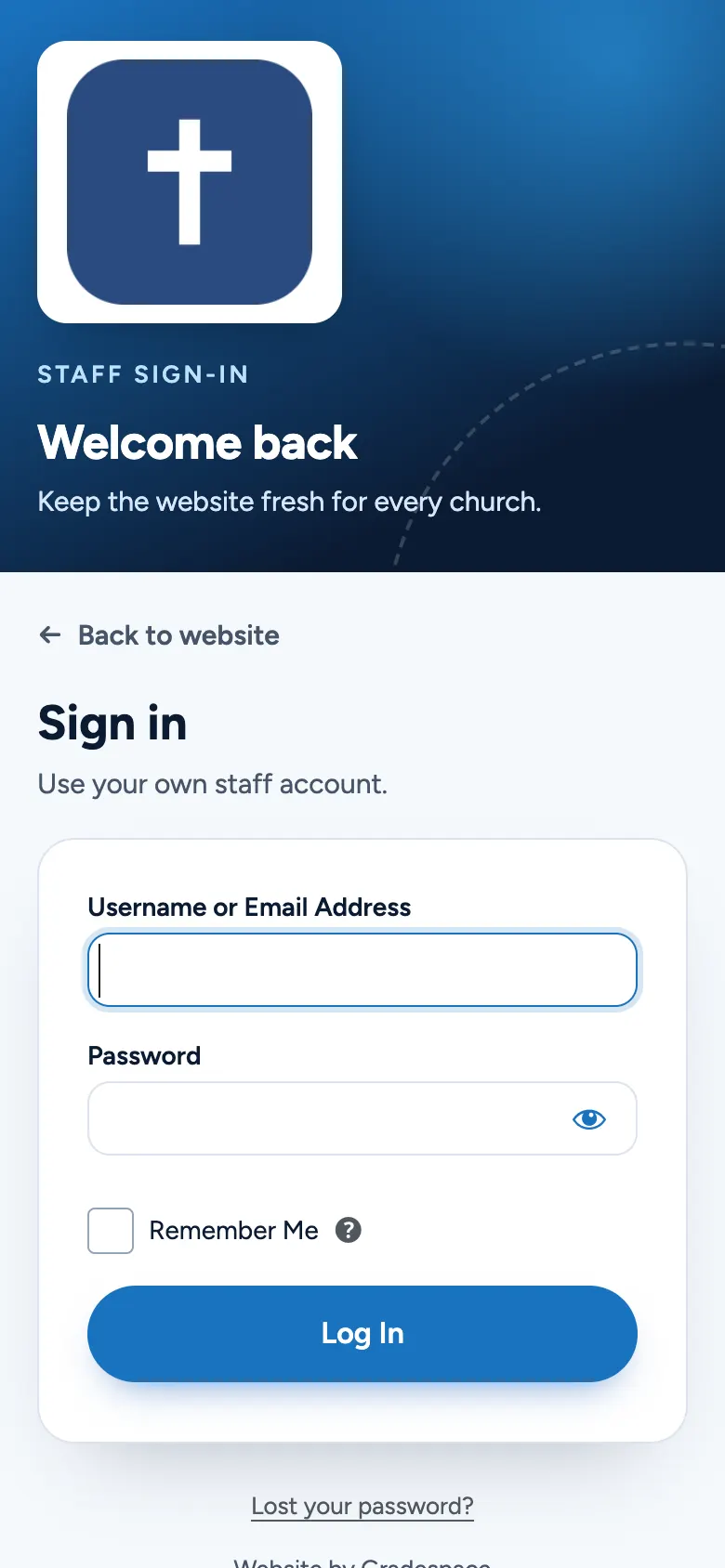 The staff sign-in page on a phone, with the logo and a short banner at the top and the sign-in form below