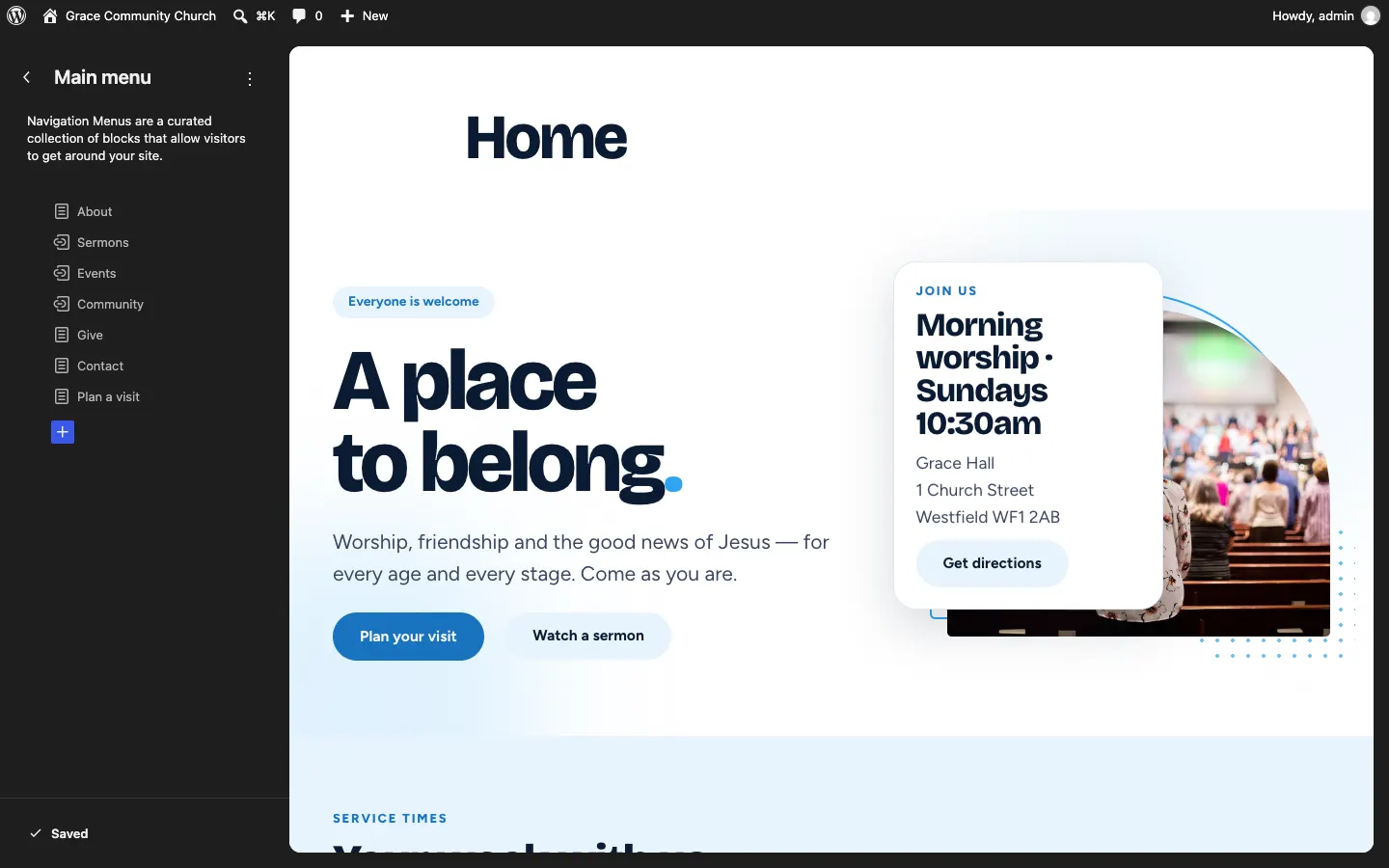 The Main menu panel in the Site Editor listing About, Sermons, Events, Community, Give, Contact and Plan a visit, with a blue + button below to add a link, and the home page shown on the right
